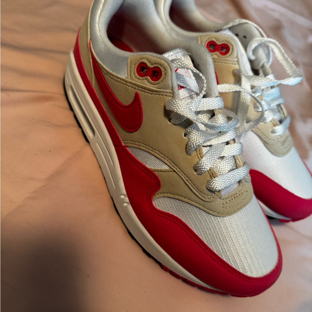 Nike Air Max Red, White, and Tan Sneakers